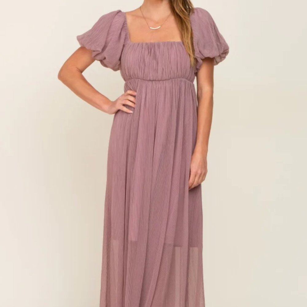PinkBlush mauve maternity dress with puff sleeves
